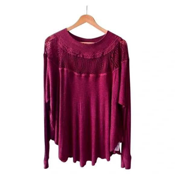FREE PEOPLE Lace Yoke Top Burgundy Waffle Knit Mock Neck M Boho - Picture 10 of 10